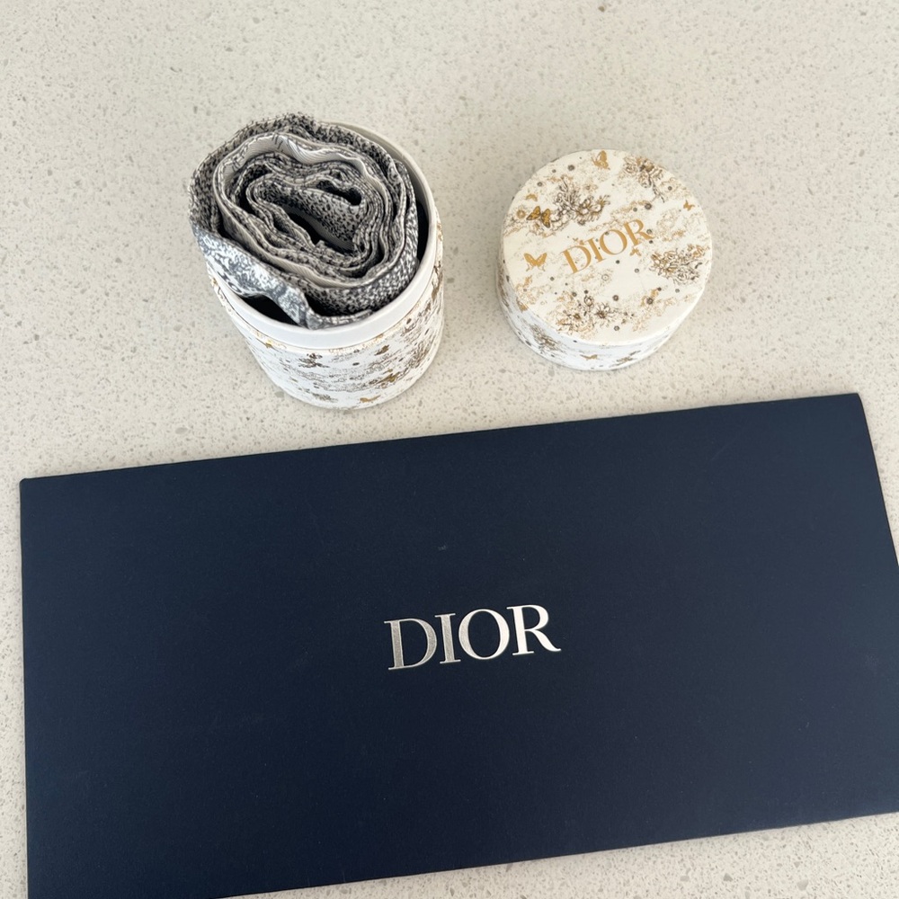 Dior Gray and White Silk Twilly Scarf  NWOT - Picture 3 of 3